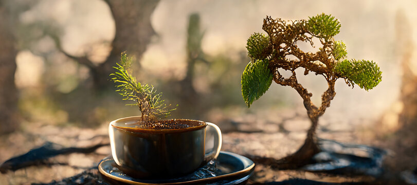simple graphic illustration of a tree growing from a cup of cofee Digital Art Illustration Painting Hyper Realistic