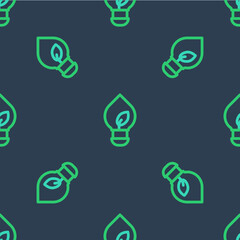 Line Light bulb with leaf icon isolated seamless pattern on blue background. Eco energy concept. Alternative energy concept. Vector