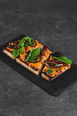 focaccia food photography with dark background and selective focus