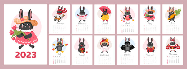 Fototapeta premium Black rabbit calendar. Chinese animal of 2023 year. New year mascot, black bunny symbol.