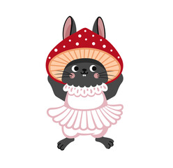 Cute rabbit in fly agaric costume. Black bunny wearing red mushroom hat. Cartoon character, vector flat illustration.