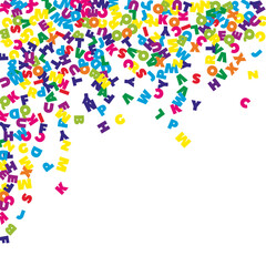 Falling letters of English language. Colorful flying words of Latin alphabet. Foreign languages study concept. Fetching back to school banner on white background.