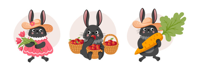 Naklejka premium Rabbit with flowers, carrot, apples. Cute black bunny cartoon character. Vector flat illustration.