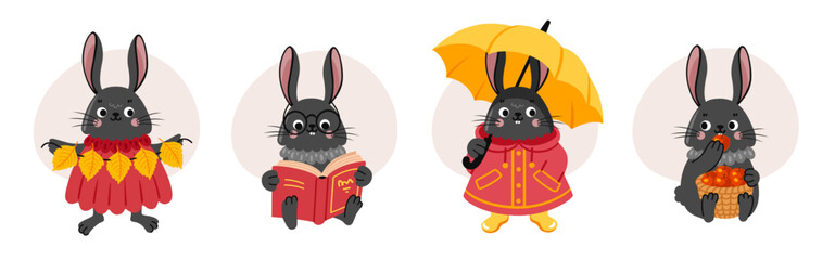 Set of cute rabbit cartoon characters. Black bunny reading book, eating apple, holding umbrella and autumn leaves garland. Vector flat illustration.