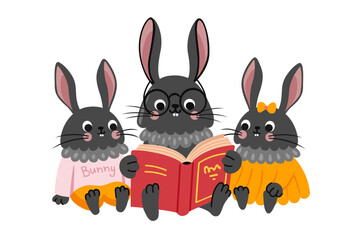 Bunny mom reading book to baby bunny. Black rabbit cartoon character. Family reading concept. Mother and children. Vector flat illustration.