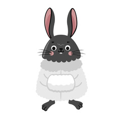 Cute black rabbit wearing white fur coat. Bunny in winter clothing. Vector flat illustration