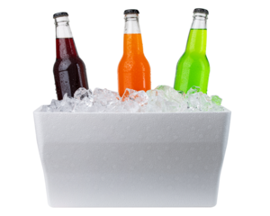Cooler with ice and bottles of soda. Styrofoam Cooler box. White foam plastic cooler box for ice. Take cold beer, drink, food on the beach. Fridge container for picnic. Isolated on white background.