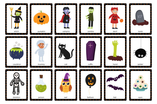 Halloween flashcards set with cute characters. Big collection with autumn spooky holiday flash cards for kids. Learning English words material. Vector illustration