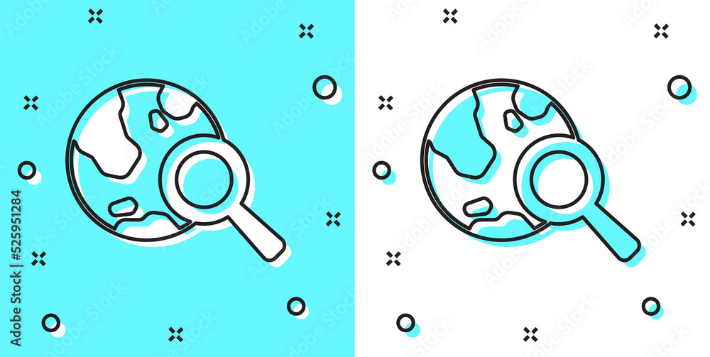Poster black line magnifying glass with globe icon isolated on green and white background. analyzing the wo