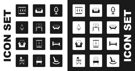 Set Armchair, TV table stand, Lamp hanging, Wardrobe, Sofa, Bed and icon. Vector