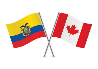 Ecuador and Canada crossed flags. Ecuadoran and Canadian flags on white background. Vector icon set. Vector illustration.