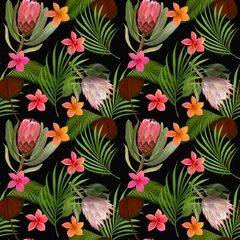 Gordijnen Seamless pattern with exotic flowers and leaves of tropical plants on black background. Blooming jungle. Hawaii wallpaper or textile fabric print. © Iryna