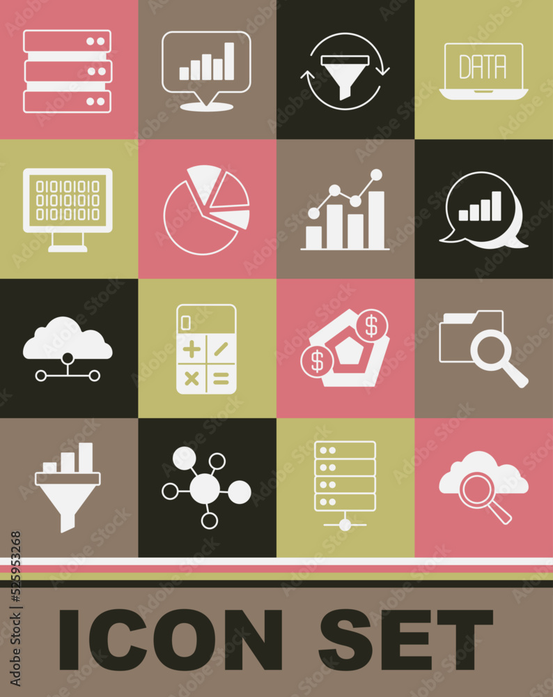 Poster set search cloud computing, with folder, pie chart infographic, sales funnel, binary code, server an
