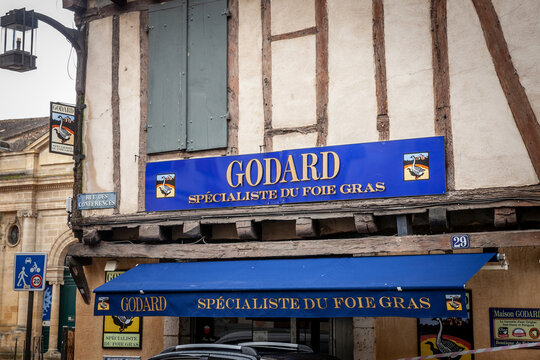 BERGERAC, FRANCE - FEBRUARY 21, 2022: Sign of the shop Godard, in Bergerac, specialized in Foie gras from Perigord, one of the symbols of the French gastronomy of southwestern France...