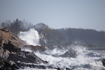Ocean waves crashing on a rocky shore