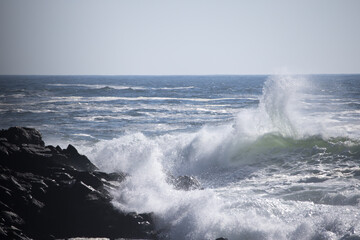 Ocean waves crashing on a rocky shore