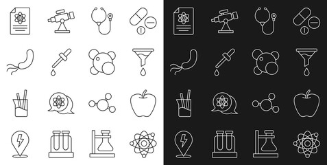 Set line Atom, Apple, Funnel or filter, Stethoscope, Pipette, Bacteria, Chemistry report and Molecule icon. Vector