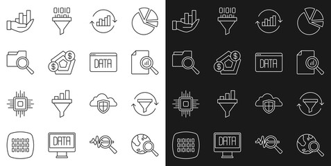Set line Search globe, Sales funnel with chart, Document graph, Pie infographic, Financial growth, folder, and Data analysis icon. Vector