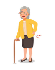 senior elderly woman with walking stick suffering from lower back pain
