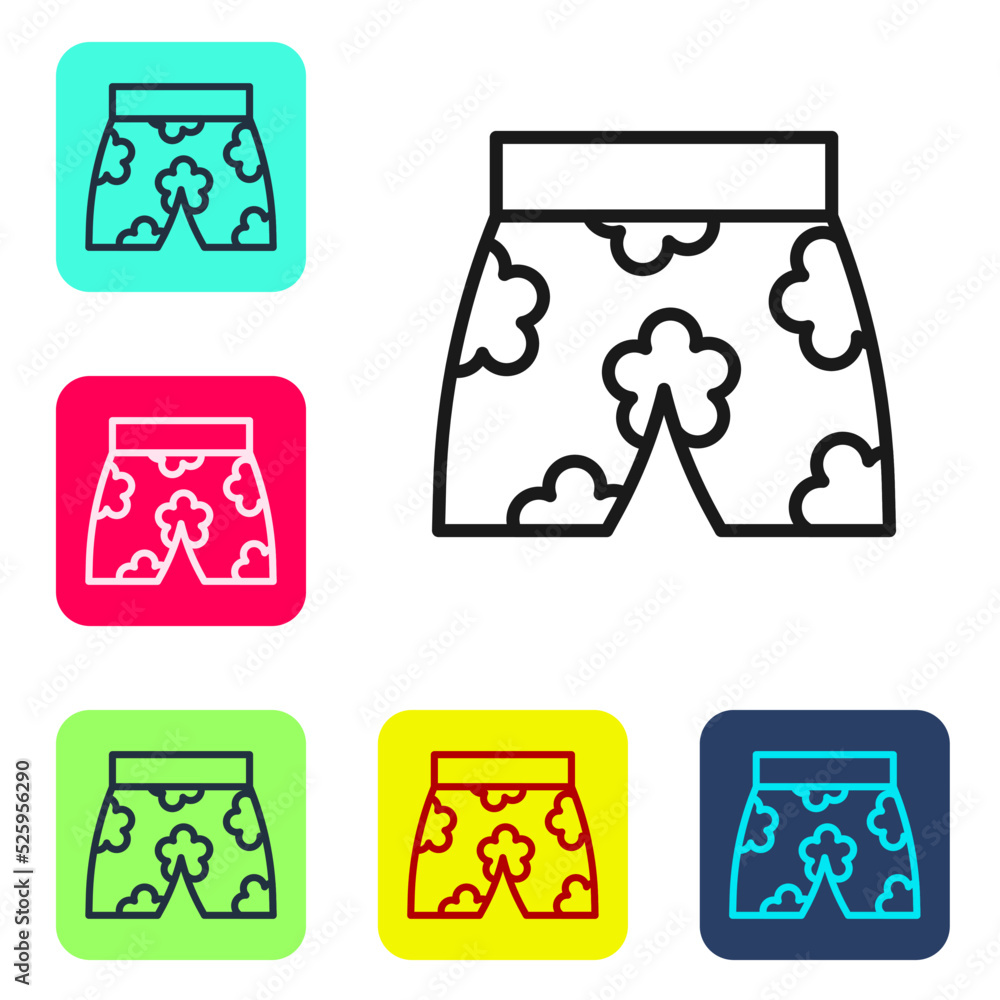 Poster Black line Swimming trunks icon isolated on white background. Set icons in color square buttons. Vector
