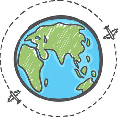 Hand drawn plane travel around the world.