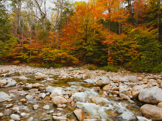 Aerial Franconia Falls trail in Autumn