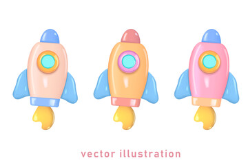 Spaceship rocket. Toy rocket upswing . Startup, space, business concept. 3d vector icon. Cartoon minimal style.