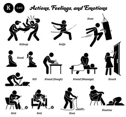 Stick figure human people man action, feelings, and emotions icons alphabet K. Kidnap, knife, knee, kneel, kill, knead, knock, knit, knot, and kowtow.
