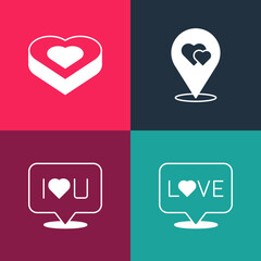 Set pop art Love text, Speech bubble I love you, Location with heart and Candy in shaped box icon. Vector