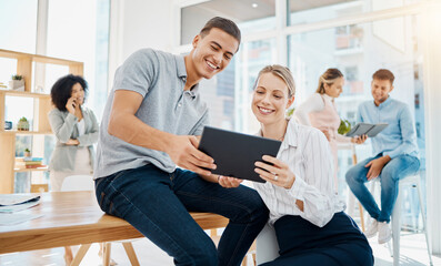 Employees, digital tablet and meeting team together in casual corporate workforce office. Collaboration, diversity and friendly mentor in business company having conversation about strategy.