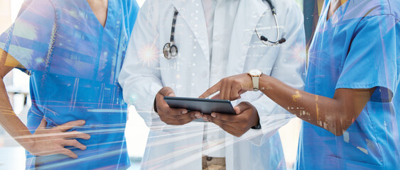 Healthcare, innovation and medical network with a group of nurses and a doctor using tablet to...