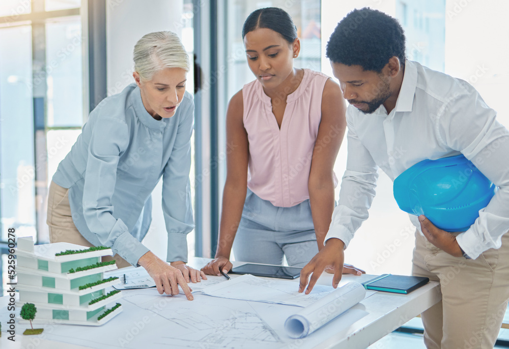 Aufkleber Architect team, 3d and blueprint table for project design illustration evaluation in boardroom. Construction professionals discuss efficiency of industrial model plan for building architecture.