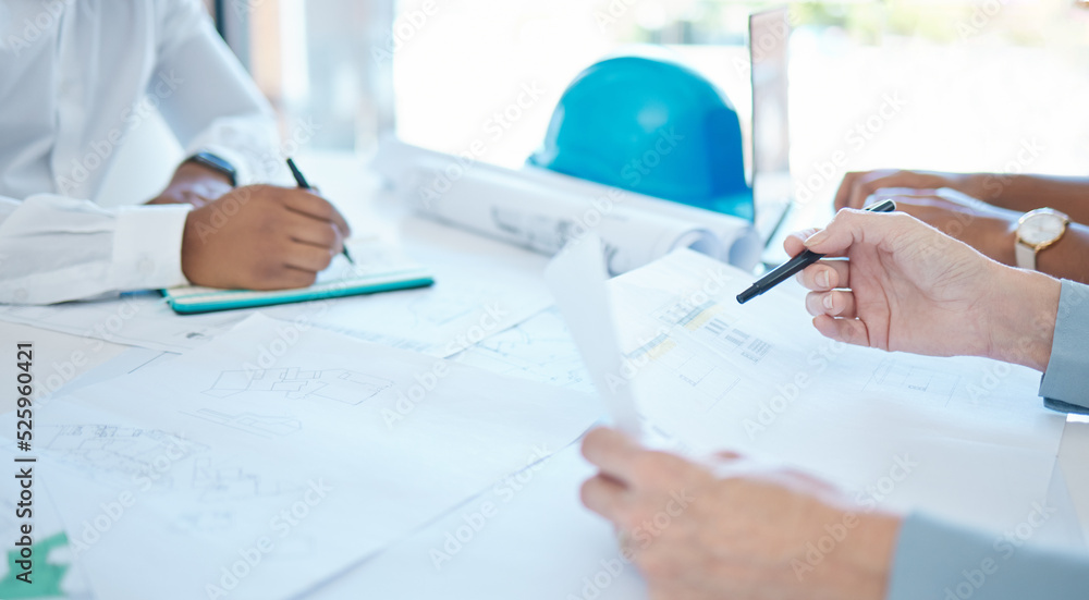 Poster Hands of architecture blueprint design, 3d property construction building and engineering model planning. Creative team collaboration on floor plan sketch, drawing development and industrial project