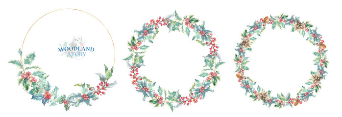 Watercolor Woodland Christmas floral frame, wreath, set illustration. Winter forest flower decoration for greeting card, poster, invitation, baby shower,Merry Christmas, New Year, holiday, sticker
