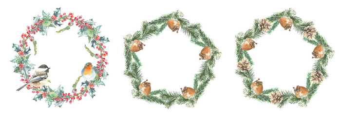 Watercolor Woodland Christmas floral frame, wreath, set illustration. Winter forest flower decoration for greeting card, poster, invitation, baby shower,Merry Christmas, New Year, holiday, sticker