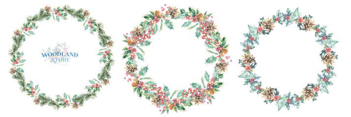 Watercolor Woodland Christmas floral frame, wreath, set illustration. Winter forest flower decoration for greeting card, poster, invitation, baby shower,Merry Christmas, New Year, holiday, sticker
