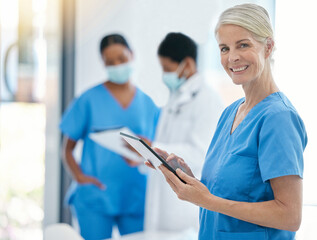 Doctor, smile and medical healthcare professional on tablet for patient records working in hospital...
