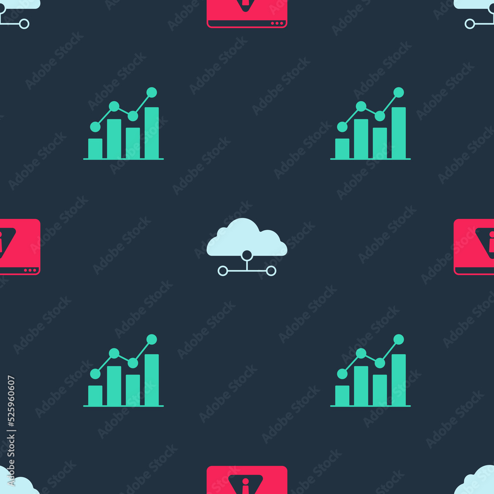 Poster set browser with exclamation mark, network cloud connection and pie chart infographic on seamless pa
