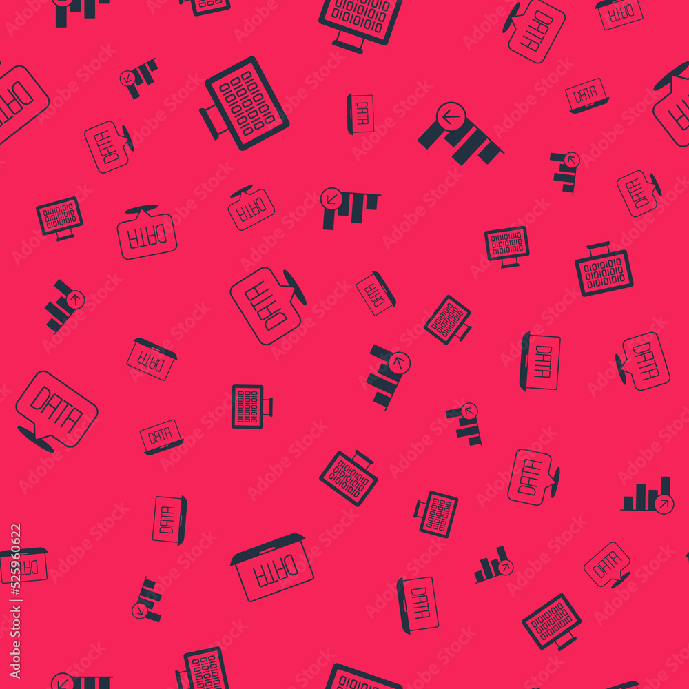 Poster set data analysis, binary code, and financial growth on seamless pattern. vector