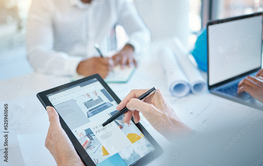 Aufkleber Graphic designer, digital marketing and tablet in business hands with website or web design for ux or ui product in a creative office or company. Advertising, SEO and tech screen software analytics