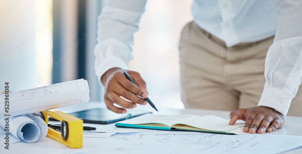 Aufkleber Architect, writing and planning with a business man drawing in a notebook with a blueprint and plan on a table in his office. Construction, engineer and architecture with a creative design at work