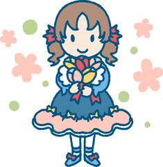 チューリップの花束を持つおしゃれをした女の子のイラスト