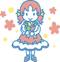 チューリップの花束を持つおしゃれをした女の子のイラスト