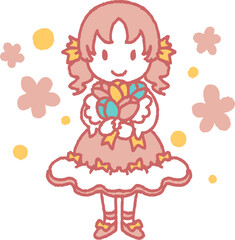 チューリップの花束を持つおしゃれをした女の子のイラスト