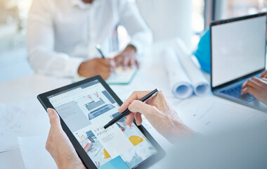 Graphic designer, digital marketing and tablet in business hands with website or web design for ux...