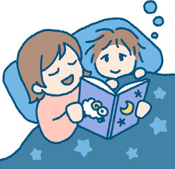 絵本を読んで男の子を寝かしつける女性のイラスト
