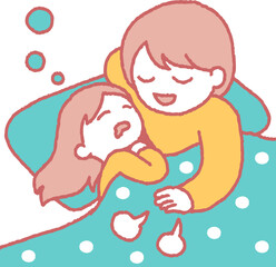 女の子を寝かしつける女性のイラスト