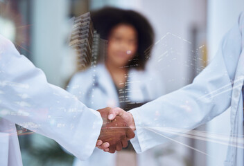 Handshake, future and collaboration of doctors in labcoats shaking hands making deal in...