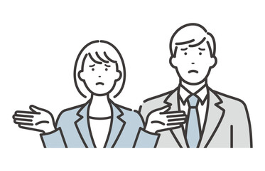 悲観する若いビジネスマンとビジネスウーマン　両手を広げて天を仰ぐポーズ