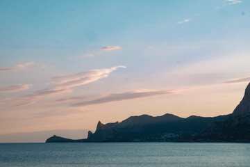 Summer panoramic view of the sea and mountain range. High quality photo